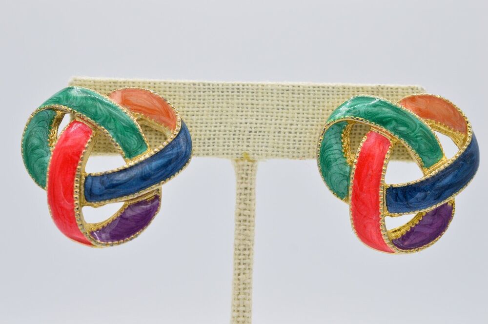 Vintage Knot Bow Earrings Pierced Gold Multi-Color Enamel Heavy 1980s BinAA
